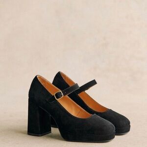 Sezane Georgia High Mary Jane Black Suede Pump Platform Square Toe ~ EU38 US7